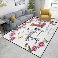 Yorkie Fruit Rug Pads, Yorkshire Terrier in Pink Dress Having a Tea Party Tea Time Butterflies Roses, Durable Rugs - Living, Dinning, Office, Rooms & Bedrrom, Hallway Carpet(2.5'x 9') Pale Pink White