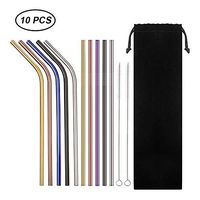 OKA Set of 12 Reusable Stainless Steel Straws, Extra Long 26.6cm Multicolor Drinking Straws with 2 Brushes and Carry Bag, Ideal for Travel, Home,Office, Environmentally Friendly Washable Metal Straw