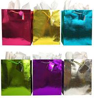 Set of 6 Gift Bags + Tissue Paper, Red, Purple, Green, Blue, Gold, Silver
