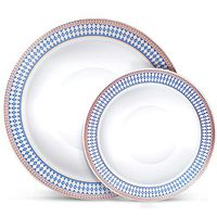 Laura Stein Designer Dinnerware Set | 32 Disposable Plastic Party Bowls | White Wedding Bowl with Blue Rim & Rose Gold Accents, Includes 16 x 12 oz Soup Bowls + 16 x 5 oz Dessert Bowls | Midnight Blue