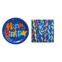 Blue Happy Birthday Paper Party Packs (18 Plates+20 Napkins)