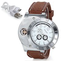Sporty Quartz Watch Wristwatch with USB Electronic Rechargeable Windproof Flameless Cigarette Lighter (White)