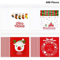 400 Pieces Christmas Self Adhesive Bags Cookie Candy Bags Cellophane Treat Bags for Party Gift Supplies (Christmas Style 2)