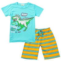 0-6T Toddler Baby Kid Boys Layette Sets Cute Dinosaur Print Short Sleeve Shirts Stripe Pants 2pc Beach Party Pajamas Outfits (Blue, 18-24 Months)