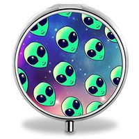 Ojanus Portable Daily Pill Box Plastic Travel Case, Round Medicine Case with Alien Night Sky Pattern, Medicine Holder Organizer Box for Purse, Compact 3 Compartments