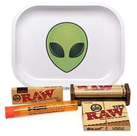 Bundle - 5 Items - RAW Classic 1 1/4 Rolling Papers, 79mm Roller, Pre-Rolled Tips with Leaf Lock Gear Mini Rolling Tray and Hippie Butler Kewl Tube (Alien)