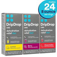 DripDrop ORS – Patented Electrolyte Powder for Dehydration Relief Fast - For Workout, Hangover, Illness, Sweating & Travel Recovery - Watermelon, Berry, Lemon Variety Pack - 24 x 8oz Servings