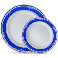 Laura Stein Designer Dinnerware Set | 64 Disposable Plastic Party Plates | White Wedding Plate with Blue Rim & Silver Accents | Includes 32 10.75" Dinner Plates + 32 7.5” Salad Plates | Cobalt Blue