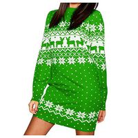HebeTop Women Christmas Bohemian Ethnic Print Long Sleeve Top Tunic Dress Green