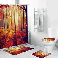 Naiflowers 4 Piece Non-Slip Bathroom Toilet Rug Mats pad & Rug Contour& Shower Curtain with Hooks & Lid Cover, Entryway Kitchen Washable Bath Shower Curtain Carpet, Beach Sea Style