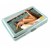 Surfer Pin Up Girls Surfin USA Beach S1 Silver Cigarette Case Metal Wallet Id Holder 4" X 2.75" RFID Protection