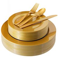 180 Pieces Gold Plastic Plates, Premium Heavyweight Gold Disposable Silverware include: 36 Dinner Plates 10.25", 36 Dessert Plates 7.5", 36 Forks, 36 Knives and 36 Spoons