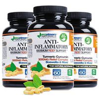 Advanced Natural Anti-Inflammatory (Pack of 3) Pain Relief by Ecostream Naturals for Joints, Swelling and Stiffness with Turmeric, Curcumin, Enzymes and Boswellia - Vegetarian, Gluten Free