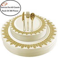 Tiger Chef Plastic Dinnerware 300 Piece Set Service For 60 Guests Includes 60 10.75-inch Dinner Plates 60 7-inch Salad Plates 6 Cutlery Sets Forks, Spoons, And Knives Disposable BPA Free