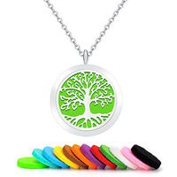 Tree Round Aromatherapy Essential Oils Diffuser Necklace-Stainless Steel Locket Pendant with 12 Colorful Pads
