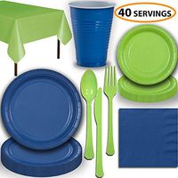 Disposable Party Supplies, Serves 40 - Blue and Lime Green - Large and Small Paper Plates, 12 oz Plastic Cups, Heavyweight Cutlery, Napkins, and Tablecloths. Full Two-Tone Tableware Set