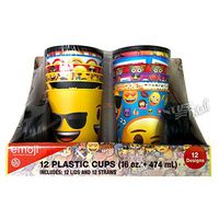 Emoji 16 oz Reusable Plastic Cup's with Lid and Straws 12-Pack