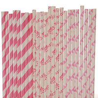 Hot Pink Princess Paper Straw Mix - Pennant Banners, Princess Crowns, Striped (25)