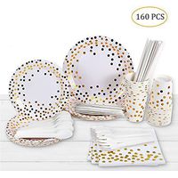esonmus Disposable Paper Plates&Cups 20 Set, Gold Dot Disposable Cups Dinner Plates Dessert Plates Straws Spoons Forks Cutters Napkins - Baby Shower, Wedding, New Year Birthday Party Supplies - 160pcs