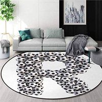DESPKON-HOME Letter R Round Rug,Soccer Themed Pattern Abstract Alphabet Design Uppercase Character R Sign Carpet Door Pad for Bedroom/Living Room/Balcony/Kitchen Mat Round-51 Inch,Black and White
