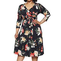 Jocund Trendy Women Dress Slim Plus Size V-Neck Floral Print 3/4 Sleeve Knee-Length Dress