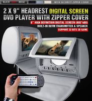 Vehicle Digital 9 Inch LED Headrest DVD Player + Gaming System + FM Transmitter, Games, Headphones, and Zipper Covers