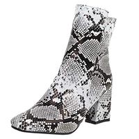 SUGEER Women Snakeskin Pattern Ankle Boots Pointed Toe Zip Mid Block Square High Heels Serpentine Boots White