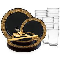 720 Piece Elegant Disposable Plastic Dinnerware Set for 120 Guests - Fancy Gold Rimmed Black Dinner Plates, Dessert Plates, Silverware Set & Party Cups For Wedding, Easter, Birthday & All Occasions