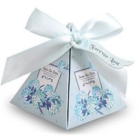 Doris Home 100 pcs Floral Pyramid Wedding Favor Candy Boxes Bridal Shower Party Paper Gift Box with Tag (Light Blue, 7.27.28cm)