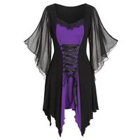 RUIVE Women's Gothic Blouse Cross Lace Up Insert Butterfly Sleeve Square Neck Pullover Ladies Irregular Tops Purple