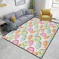 Watercolor Moon & Stars Kids Rooms Nursery Decor Mats, Sweet Delicious Donuts Pattern with Various Flavors Sprinkles Stars Background, Easy Maintenance Area Rug Living Room Bedroom Carpet(6'x 9')