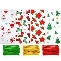100 Pieces Christmas Cellophane Bags Candy Gift Goodies Treat Bags with 150 Pieces Twist Ties, 4