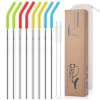 Stainless Steel Straws with Flexible Silicone Tips Reusable Metal Drinking Straws - Extra Long x 8mm Wide for 30oz 20oz Tumblers, Set of 8 with 2 Cleaning Brushes 1 Portable Case