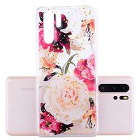 Amocase Gold Foil Glitter Case with 2 in 1 Stylus for Huawei P30 Pro,Cartoon Print Design Soft Rubber Silicone Shockproof Anti-Scratch Flexible TPU Clear Case - Peony Flower
