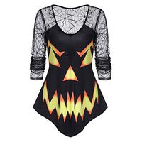 Vivilpus Halloween Womens 50s Housewife Round Neck Pumpkin Face Print Spider Web Lace Halloween T-Shirt Casual Blouse Tops for Casual, Evening Hepburn Party Shirt
