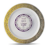 [10 Count - 7 Inch Plates] Laura Stein Designer Tableware Premium Heavyweight Plastic White Appetizer - Salad Plates With Gold Border, Party & Wedding Plate, Lace Series, Disposable Dishes