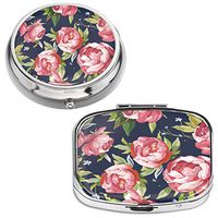 Pill Box with High Gloss Design - Compartment Pill Case, Pill Box for Pocket or Purse (Red Rose and Green Leaf) (1 Round + 1 Rectangular)