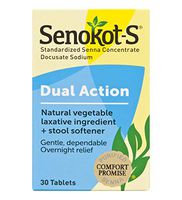 Senokot-S Dual Action 30 Tablets, Natural Vegetable Laxative Ingredient Plus Stool Softener Tablets, Gentle Dependable Overnight Relief of Occasional Constipation