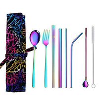 🌹 Rainbow Straws Stainless Steel Portable Outdoor Tableware with Bag Storage Packaging 7 Piece Set of Reusable Stainless Steel Drinking Straws Metal Knife Fork Spoon Chopsticks (Multicolor)