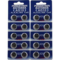 Powertron AG10 / LR55 / LR1130 Alkaline Button Cells, 1.5V, 20 cells