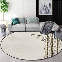 RUGSMAT Nature Non-Slip Area Rug Pad Round,Abstract Wavy Swirled Tree Branches with Leaves and Little Birds Illustration Protect Floors While Securing Rug Making Vacuuming,Round-55 Inch