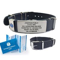 Top Grain Leather NATO Medical ID Bracelet. Incl. 5 Lines Custom Engraving - Dark Blue
