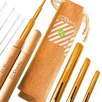Reusable Metal Stainless Steel Straws with Travel Case Bag Cleaning Brush: 6 Portable Eco Friendly Straw for hot, Cold, Bubble Tea Boba, Smoothie, Cocktail Drinks 2 Beech Wood Cases, 4 Brushes 2 Bags