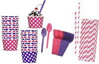 Paper Treat Ice Cream Cups - Pink Purple Polka Dot - 8 Ounce - Plastic Spoons - Pink Paper Straws - 24 Each