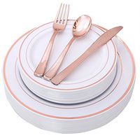 100 Piece Rose Gold Plates with Disposable Plastic Silverware, Elegant Tableware Set Includes : 20 Dinner Plates, 20 Dessert Plates, 20 Forks, 20 Knives, 20 Spoons (rose gold dinnerware set)