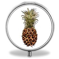 Custom Pill Case, Leopard Pineapple Round Compact 3 Metal Portable Pill Container for Daily Use