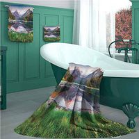 Landscape 100% Cotton 3-Piece Towel Set, Swiss Lake Obersee Near Nafels Village Switzerland Europe Scenic Summer Sunrise, Sand Free Towel for Beach, Travel, Swim, Pool, Camping Multicolor