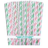 Outside the Box Papers Polka Dot and Striped Paper Straws 7.75 Inches 100 Pack Pink, Mint Green, White