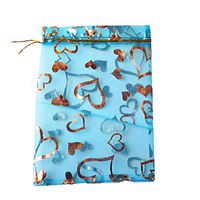 100pcs Organza Wedding Party Gift Bags Heart Pattern Sheer Drawstring Pouches Jewelry Gift Bags Christmas Party Gift Favor Bags (Sky Blue, 6"x9")