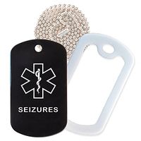 Seizures Medical Alert ID Necklace with Black Tag, White Silencer, and 30'' USA Chain - 154 Color Choices